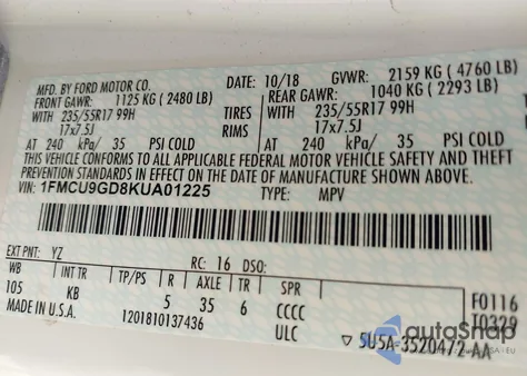 2019 Ford Escape Se из США, поврежденный, VIN 1FMCU9GD8KUA01225